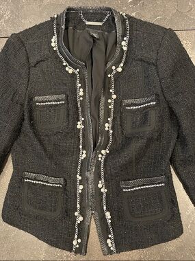 White House Black Market Black Tweed Chain & Pearl Trim Jacket